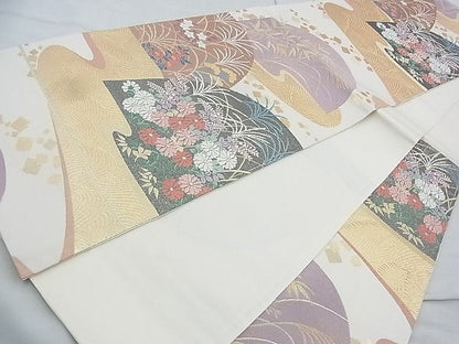 平和屋着物◎六通柄袋帯 唐織 流水遠山秋草文 金糸 逸品 BAAJ9796cm