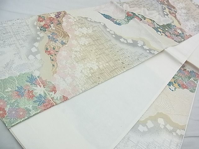 平和屋着物◎六通柄袋帯 唐織 道長四季草花文 金銀糸 逸品 BAAJ9805cm