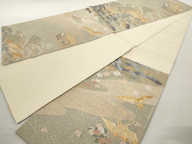 平和屋着物◎六通柄袋帯 錦秀松鶴遊文 金銀糸 引箔 正絹 逸品 AAAL2758Atn