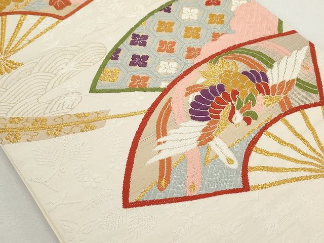 平和屋着物◎六通柄袋帯 唐織 扇面鳳凰花文 金糸 正絹 逸品 AAAL2759Atn