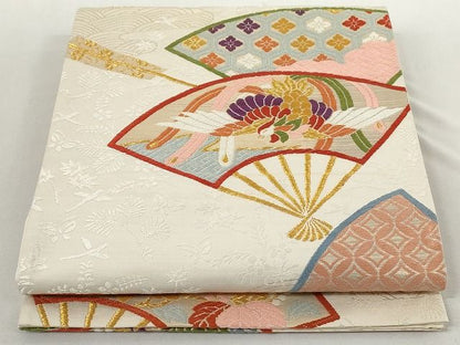 平和屋着物◎六通柄袋帯 唐織 扇面鳳凰花文 金糸 正絹 逸品 AAAL2759Atn