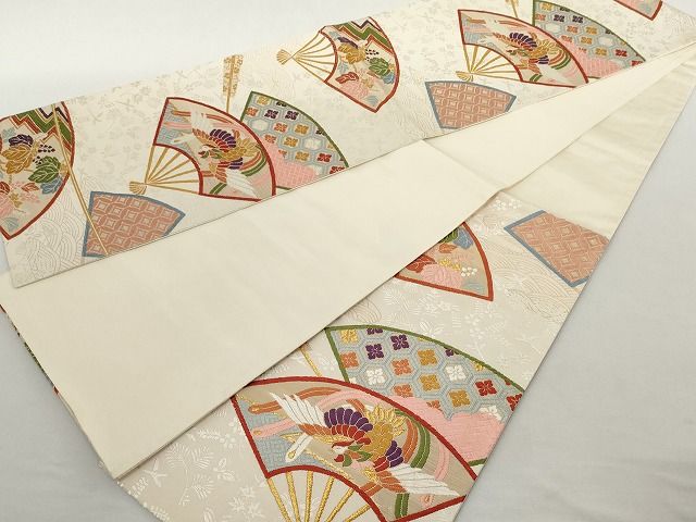 平和屋着物◎六通柄袋帯 唐織 扇面鳳凰花文 金糸 正絹 逸品 AAAL2759Atn