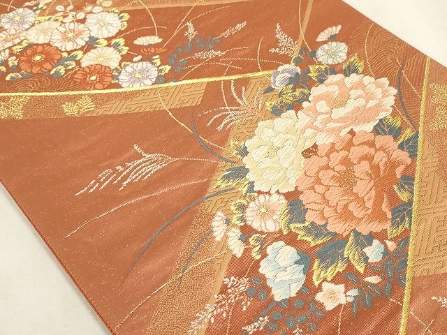 平和屋着物◎六通柄袋帯 唐織 草花文 金銀糸 正絹 逸品 AAAL2776Atn