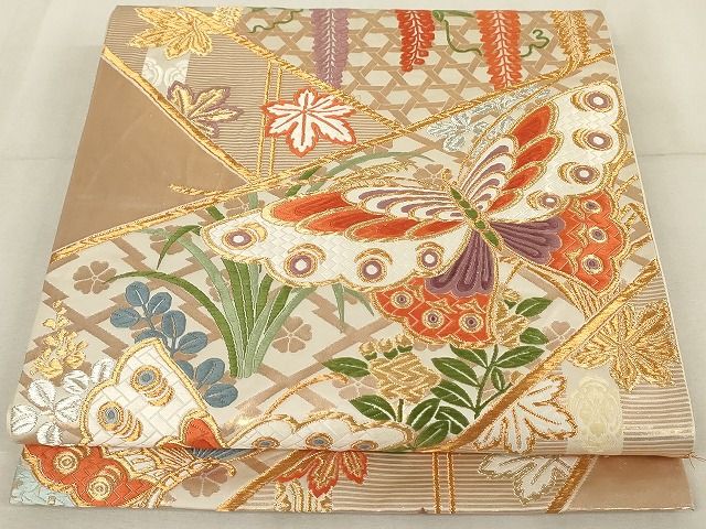 平和屋着物◎六通柄袋帯 唐織 能衣錦 花蝶文 金銀糸 正絹 逸品 AAAL2778Atn