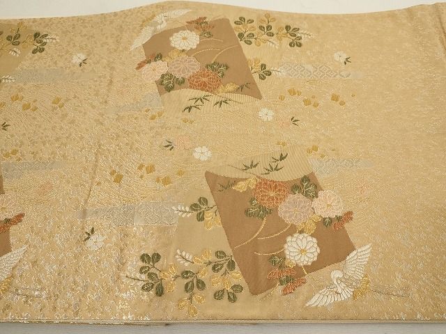 平和屋着物◎太鼓柄袋帯 飛鶴吉祥花文 金銀糸 正絹 逸品 AAAL2765Atn