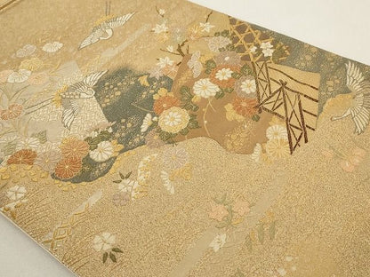 平和屋着物◎太鼓柄袋帯 飛鶴吉祥花文 金銀糸 正絹 逸品 AAAL2765Atn