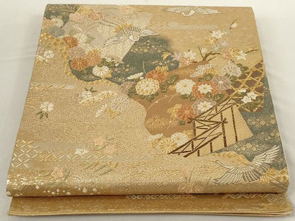 平和屋着物◎太鼓柄袋帯 飛鶴吉祥花文 金銀糸 正絹 逸品 AAAL2765Atn