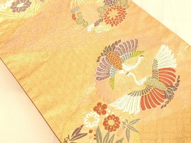 平和屋着物◎六通柄袋帯 寿宝 唐織 向鶴花鳥文 金糸 正絹 逸品 AAAJ8060Bsa