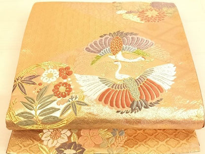 平和屋着物◎六通柄袋帯 寿宝 唐織 向鶴花鳥文 金糸 正絹 逸品 AAAJ8060Bsa