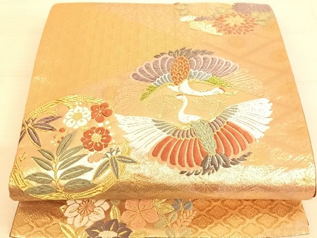 平和屋着物◎六通柄袋帯 寿宝 唐織 向鶴花鳥文 金糸 正絹 逸品 AAAJ8060Bsa