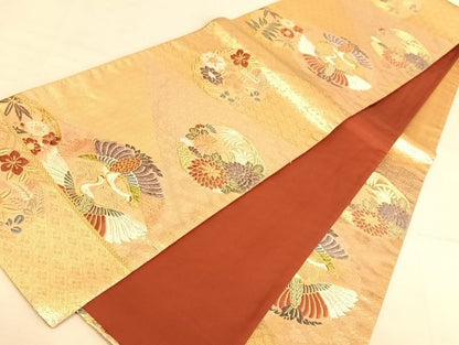 平和屋着物◎六通柄袋帯 寿宝 唐織 向鶴花鳥文 金糸 正絹 逸品 AAAJ8060Bsa