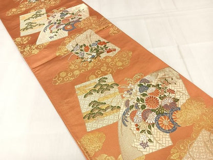 平和屋着物◎六通柄袋帯 地紙源氏車花文 金糸 正絹 逸品 AAAK8783Bdt