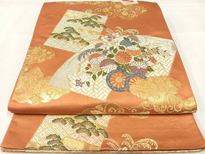 平和屋着物◎六通柄袋帯 地紙源氏車花文 金糸 正絹 逸品 AAAK8783Bdt