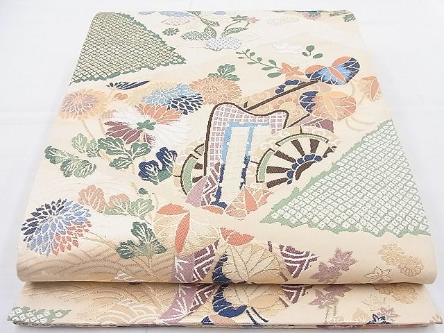 平和屋着物◎六通柄袋帯 唐織 御所車花文 金糸 逸品 BAAJ8384ns