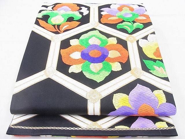 平和屋着物◎六通柄袋帯 唐織 亀甲花文 黒地 金糸 逸品 BAAK5126ns