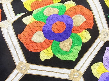 平和屋着物◎六通柄袋帯 唐織 亀甲花文 黒地 金糸 逸品 BAAK5126ns