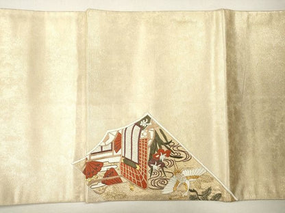 平和屋着物■六通太鼓柄袋帯 刺繍 飛鶴御所車文 金糸 逸品 CAAG3091eg