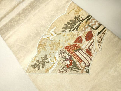 平和屋着物■六通太鼓柄袋帯 刺繍 飛鶴御所車文 金糸 逸品 CAAG3091eg