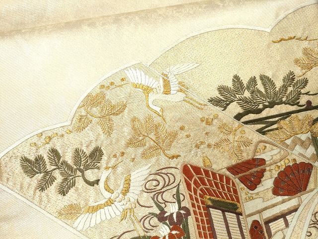平和屋着物■六通太鼓柄袋帯 刺繍 飛鶴御所車文 金糸 逸品 CAAG3091eg