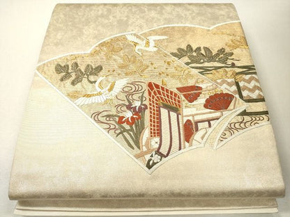 平和屋着物■六通太鼓柄袋帯 刺繍 飛鶴御所車文 金糸 逸品 CAAG3091eg