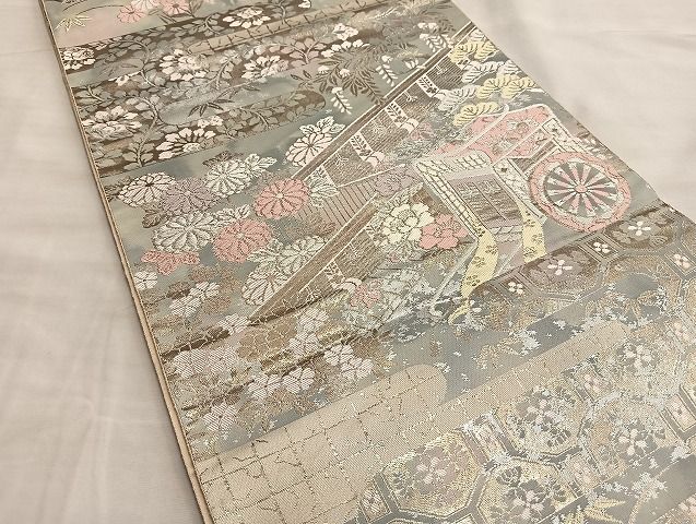 平和屋着物◎西陣 服部織物謹製 六通柄袋帯 こはく錦 御所車風景花文 金銀糸 逸品 BAAJ2602du