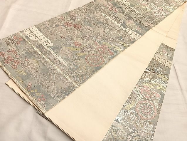 平和屋着物◎西陣 服部織物謹製 六通柄袋帯 こはく錦 御所車風景花文 金銀糸 逸品 BAAJ2602du