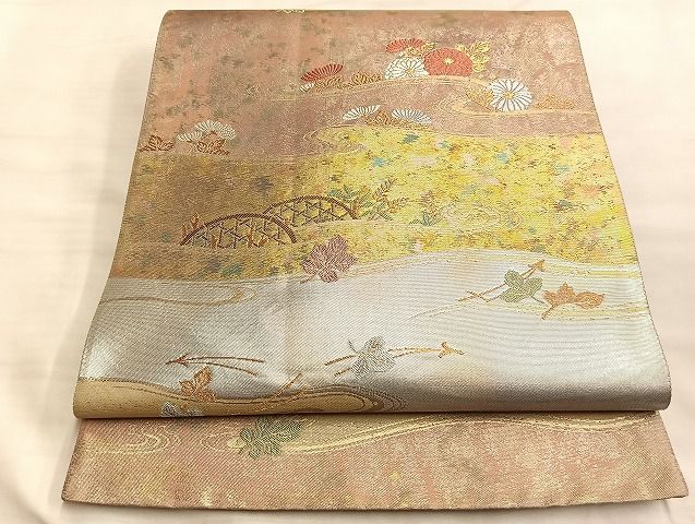 平和屋着物◎西陣 六通柄袋帯 御影綿 菊華流水文 金糸 引箔 反端付き 逸品 BAAJ9971du