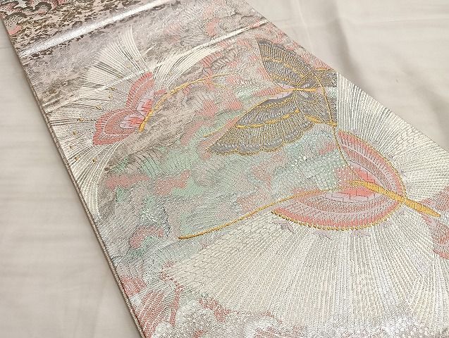 平和屋着物◎佐賀錦 六通柄袋帯 唐織 舞蝶花文 銀糸