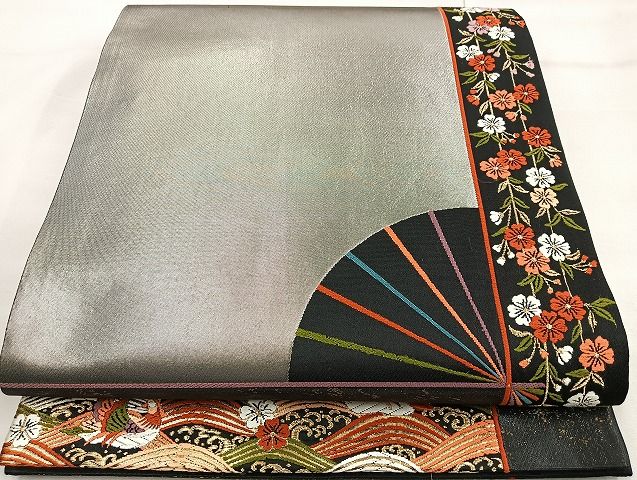 平和屋着物◎六通柄袋帯 唐織 春日譜末広文 黒地 金糸 引箔 逸品 BAAJ6010ea