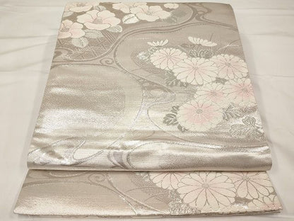 平和屋着物◎六通柄袋帯 唐織 流水草花文 銀糸 正絹 逸品 AAAL5757Aex