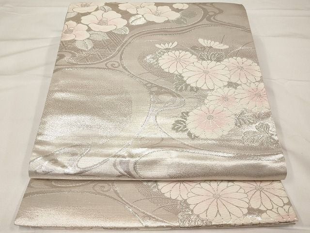平和屋着物◎六通柄袋帯 唐織 流水草花文 銀糸 正絹 逸品 AAAL5757Aex