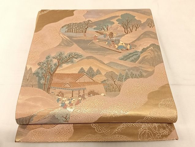 平和屋着物◎六通柄袋帯 道長風景文 金糸 正絹 逸品 AAAL5692Aex