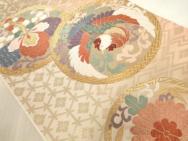 平和屋着物◎太鼓柄袋帯 唐織 鳳凰花丸文 金糸 正絹 逸品 AAAL1774Aru