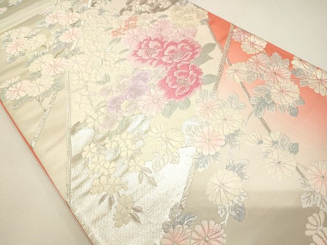 平和屋着物◎六通柄袋帯 草花文 銀糸 逸品 CAAI0055oy
