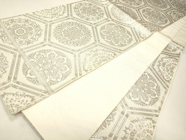 平和屋着物◎六通柄袋帯 亀甲花文 銀糸 逸品 CAAI0047oy