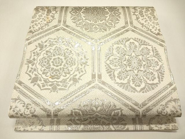 平和屋着物◎六通柄袋帯 亀甲花文 銀糸 逸品 CAAI0047oy