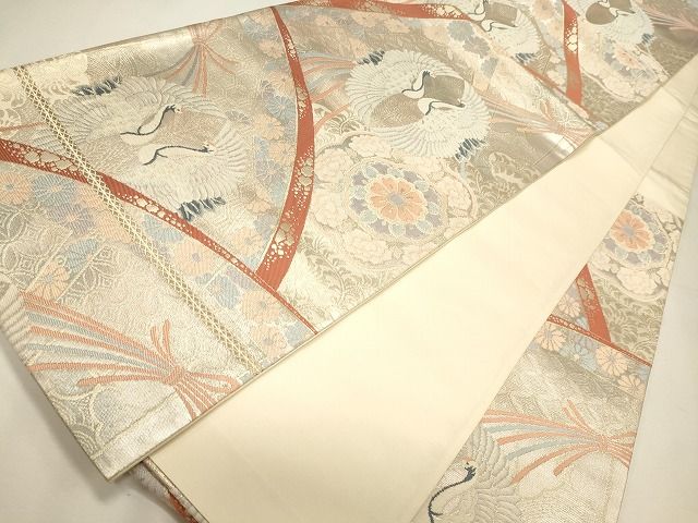 平和屋着物◎六通柄袋帯 向かい鳥正倉院花文 銀糸 逸品 CAAI0086oy