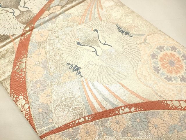 平和屋着物◎六通柄袋帯 向かい鳥正倉院花文 銀糸 逸品 CAAI0086oy