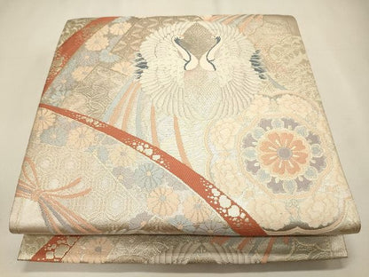 平和屋着物◎六通柄袋帯 向かい鳥正倉院花文 銀糸 逸品 CAAI0086oy
