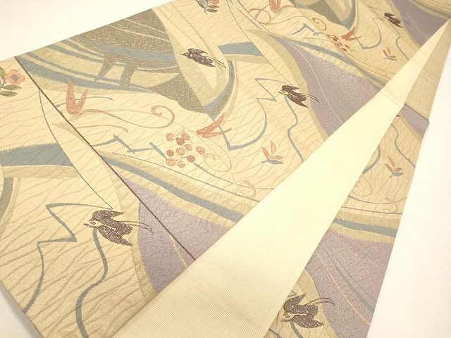 平和屋着物◎六通柄袋帯 ふくれ織 花鳥文 金糸 逸品 CAAI0153oy