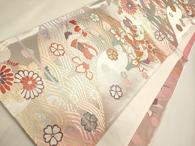 平和屋着物◎六通柄袋帯 流水鴛鴦草花文 金銀糸 逸品 CAAI0148oy
