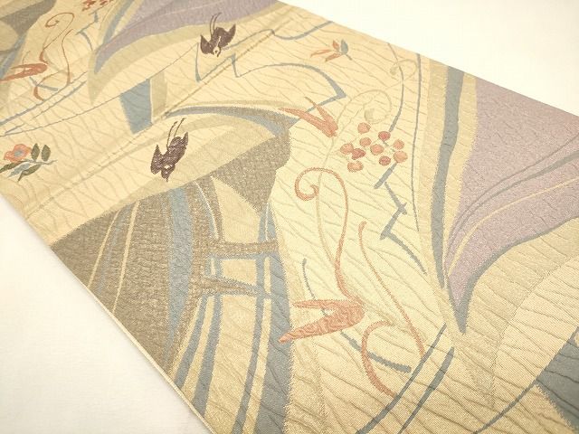 平和屋着物◎六通柄袋帯 ふくれ織 花鳥文 金糸 逸品 CAAI0153oy