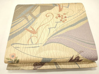 平和屋着物◎六通柄袋帯 ふくれ織 花鳥文 金糸 逸品 CAAI0153oy