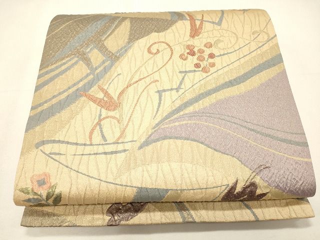 平和屋着物◎六通柄袋帯 ふくれ織 花鳥文 金糸 逸品 CAAI0153oy