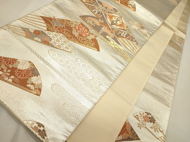 平和屋着物◎六通柄袋帯 扇面向かい鳥草花文 金銀糸 逸品 CAAI0187oy