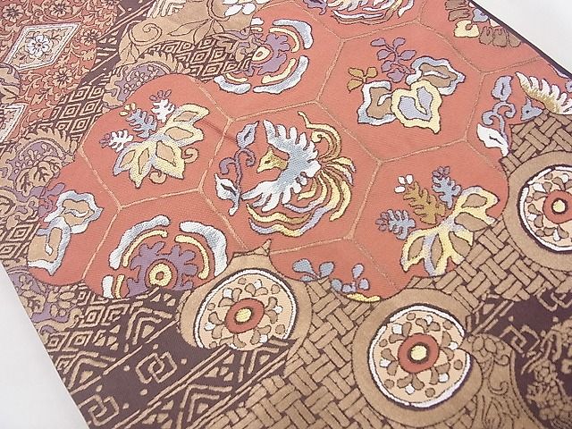 平和屋着物◎西陣 六通柄袋帯 花鳥文 金糸 逸品 BAAJ9849cm