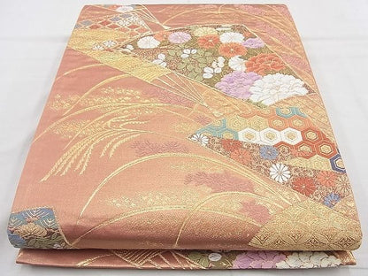 平和屋着物◎六通柄袋帯 唐織 扇面花文 金糸 逸品 BAAJ9840cm