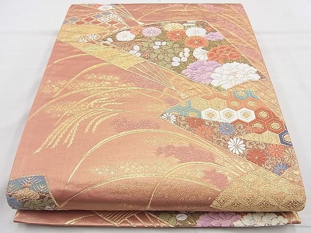 平和屋着物◎六通柄袋帯 唐織 扇面花文 金糸 逸品 BAAJ9840cm