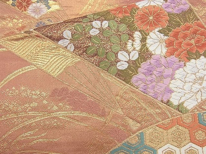 平和屋着物◎六通柄袋帯 唐織 扇面花文 金糸 逸品 BAAJ9840cm