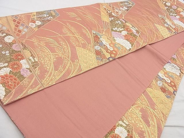 平和屋着物◎六通柄袋帯 唐織 扇面花文 金糸 逸品 BAAJ9840cm
